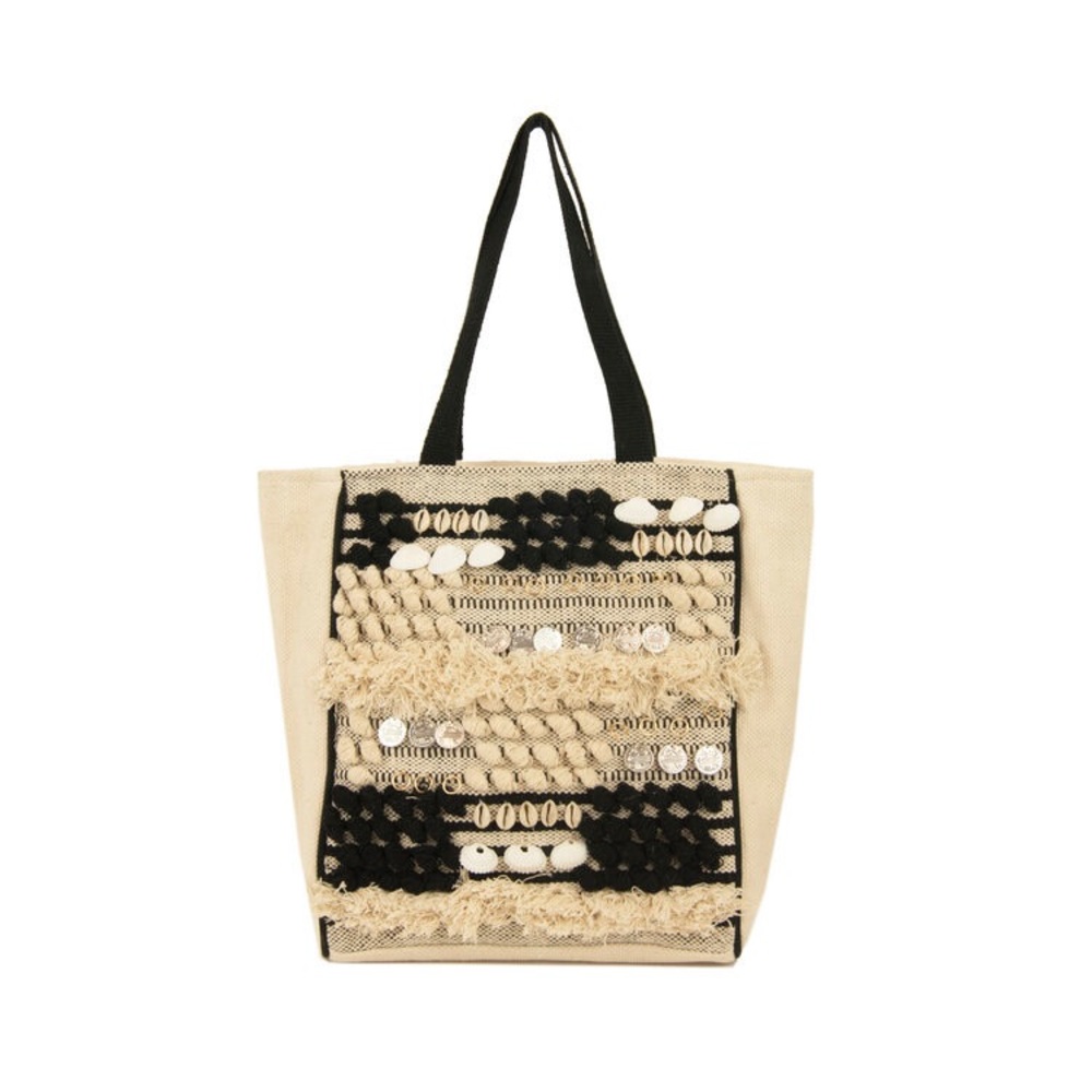Embellished Shell Canvas Shoulder Tote